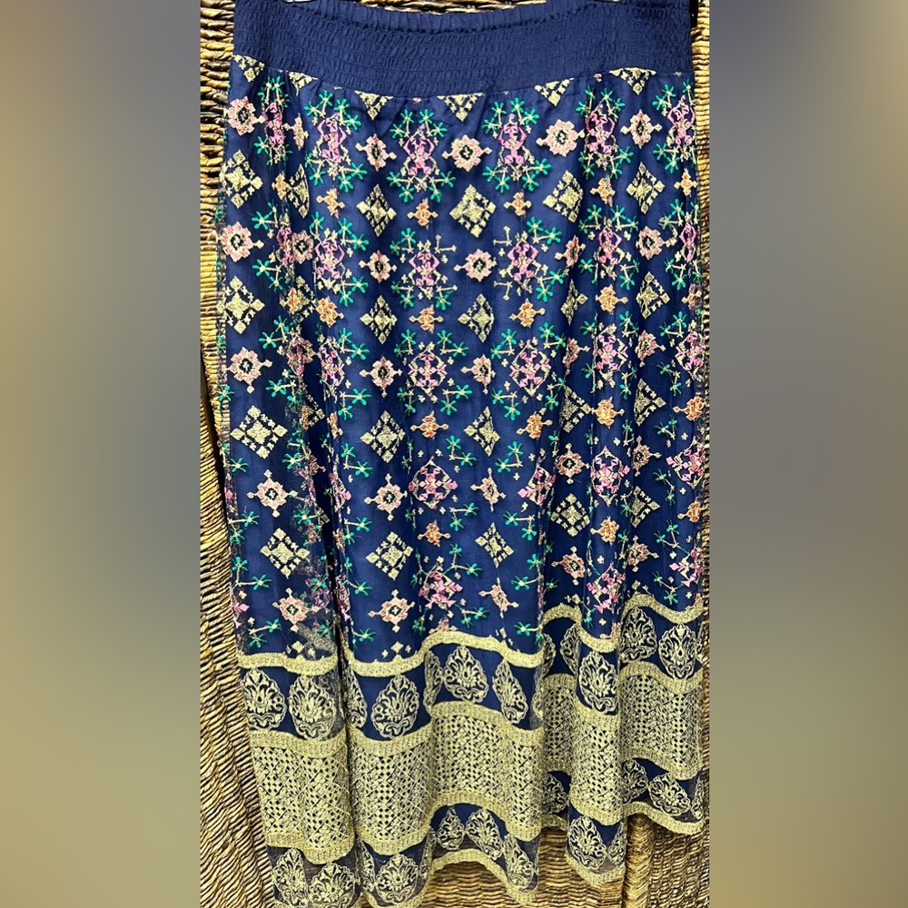 Soft Surroundings - Endless Nights- Elegant Navy Blue and‎ Gold Patterned Skirt
